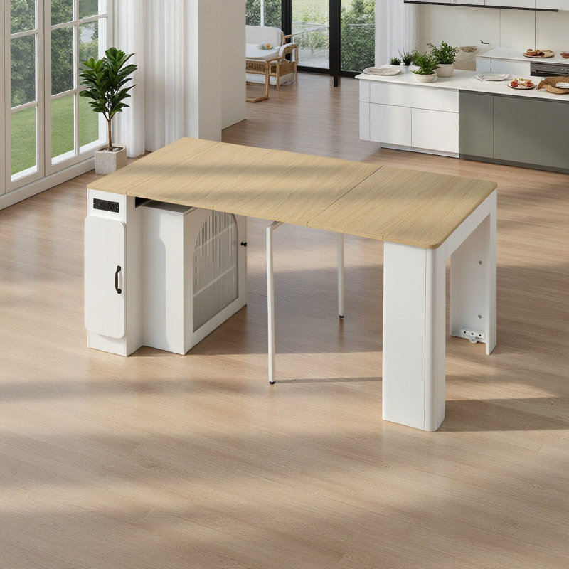 Table de salle à manger à roulettes 59 po - extensible avec 3 rallonges, prise de courant et rangement, Bois naturel / blanc