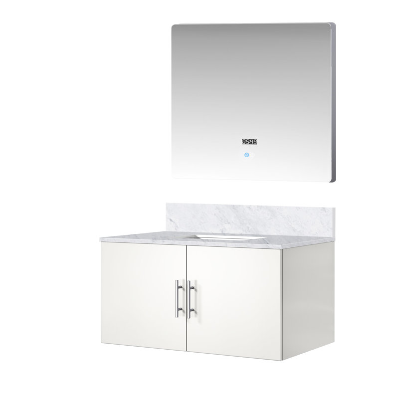 36 po Miroir à DEL et meuble-lavabo blanc brillant avec surface en marbre - compartiment spacieux, fermeture en douceur, plateau de rangement inclus