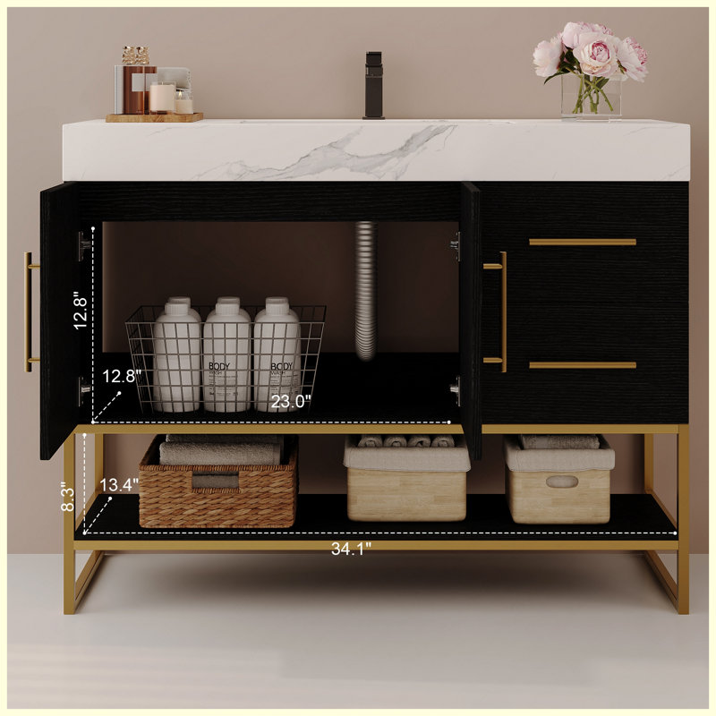 Meuble-lavabo autoportant moderne 36 po avec lavabo en céramique sans couture et plateau en pierre frittée, White