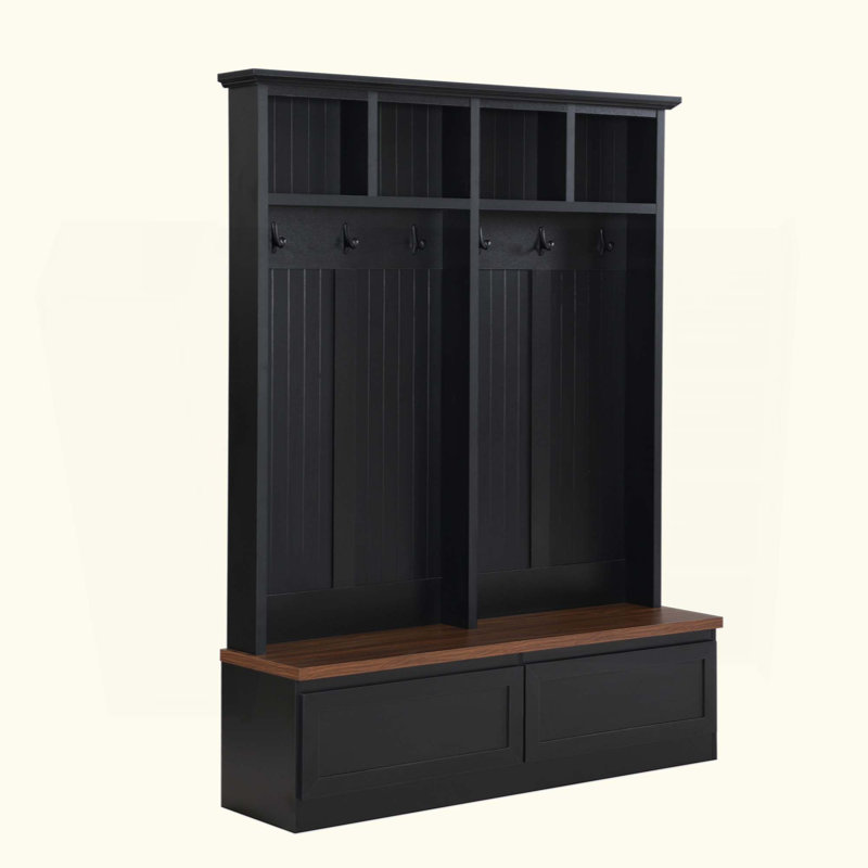 Farmhouse 4-In-1 Hall Tree With Wood Grain Bench, Mudroom Versatile Coat Rack With 2 Large Drawer, Entrance Organizer For Hallway, Living Room