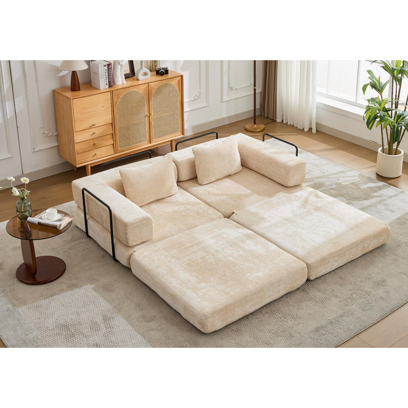 Canapé à compression, canapé-lit convertible au sol avec structure de forme fixe, canapé modulaire sans accoudoirs, Beige