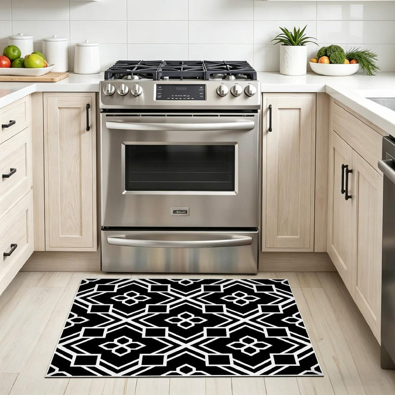 Black Art Deco White Geometric Abstract Backdrop Chevron Machine Washable Indoor Area Rug