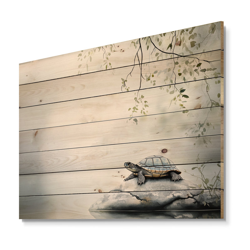 Tortue de bambou perchée I - Tortue, décoration murale en bois animal sur bois de pin naturel, H 10 po x l 20 po