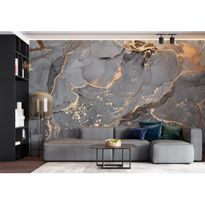 Murale en marbre gris et or | Papier peint luxueux en pierre | Non tissé ou pelez et collez