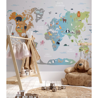 Kids World Map Wall Mural | Educational Animals Peel and Stick Wallpaper | Nursery Removable Wall Décor