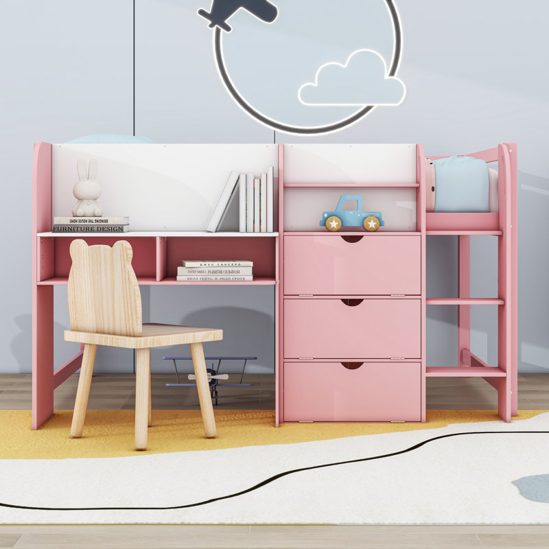 Lit mezzanine double avec bureau intégré, armoires de rangement et bibliothèque, Rose