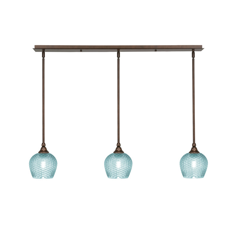 Luminaire suspendu linéaire à 3 lumières avec tige texturé turquoise, H 7,25 po x l 38,25 po x P 6 po, Bronze