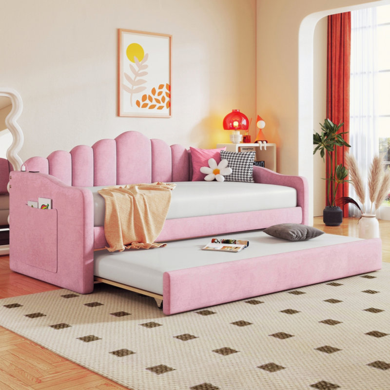 Upholstered Daybed With Trundle ,Velvet Sofabed With USB Charging Ports,No Box-Spring Needed