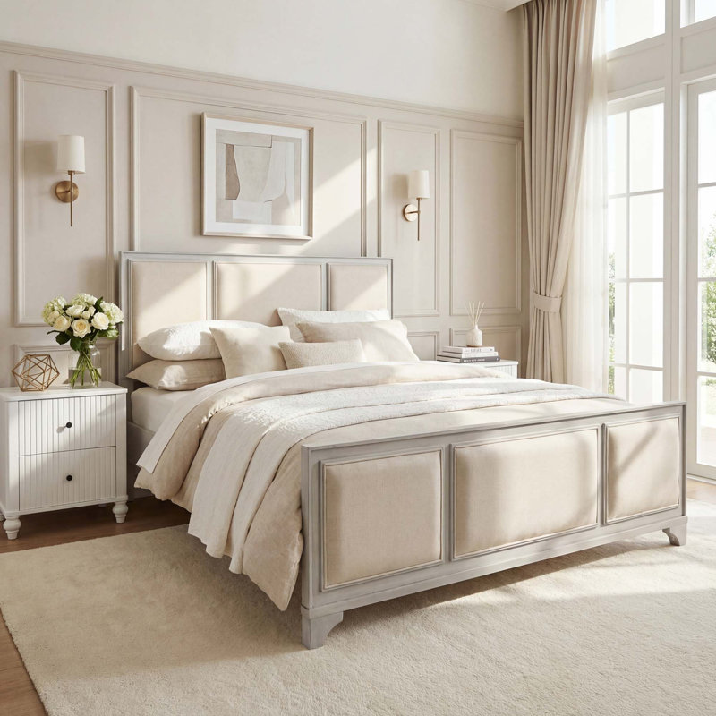 Sturdy Modern Farmhouse Bed Frame with Upholstered Headboard and Solid Platform