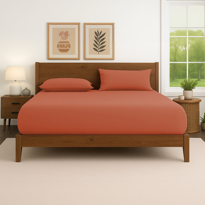 40cm Extra Deep Fitted Sheet – Soft Microfiber, Wrinkle-Free, Cooling, Elastic Corners, Kingsize (5'), Orange