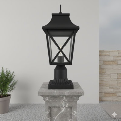 An Outdoor Post Light With A Black Finish, Designed As A Pole Lantern With A Pier Mount Base For Hardwired Installation. This Column Light With A Glass Shade Is Suitable For Gardens, Yards, Patios, And Pathways (Single Unit).