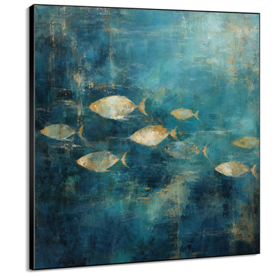 Extra Large Wall Art Fabric Print - Deep Teal Gold Swimming Fish Abstract Design for Living Room or Bedroom - "Frame Assembly Required (Unfinished Frame)"