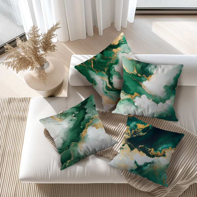 4 housses de coussin décoratives à motif de marbre vert