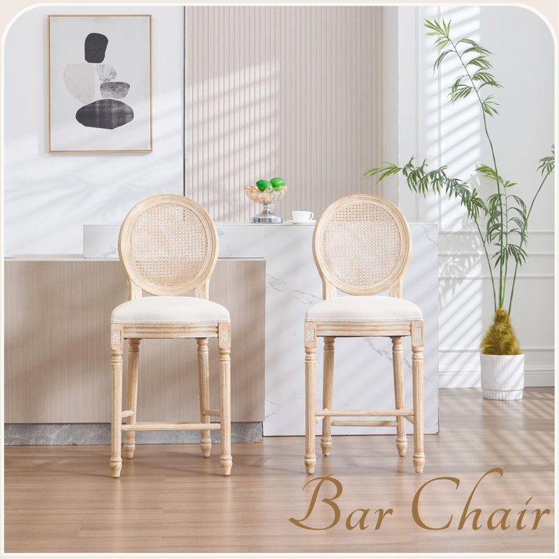 Chaises de bar rembourrées de style champêtre français de 26 po de hauteur, de 2, avec dossier, techniques de sculpture et de tréfilage, lin en coton doux, structure en bois massif, pour restaurant, beige avec rond naturel