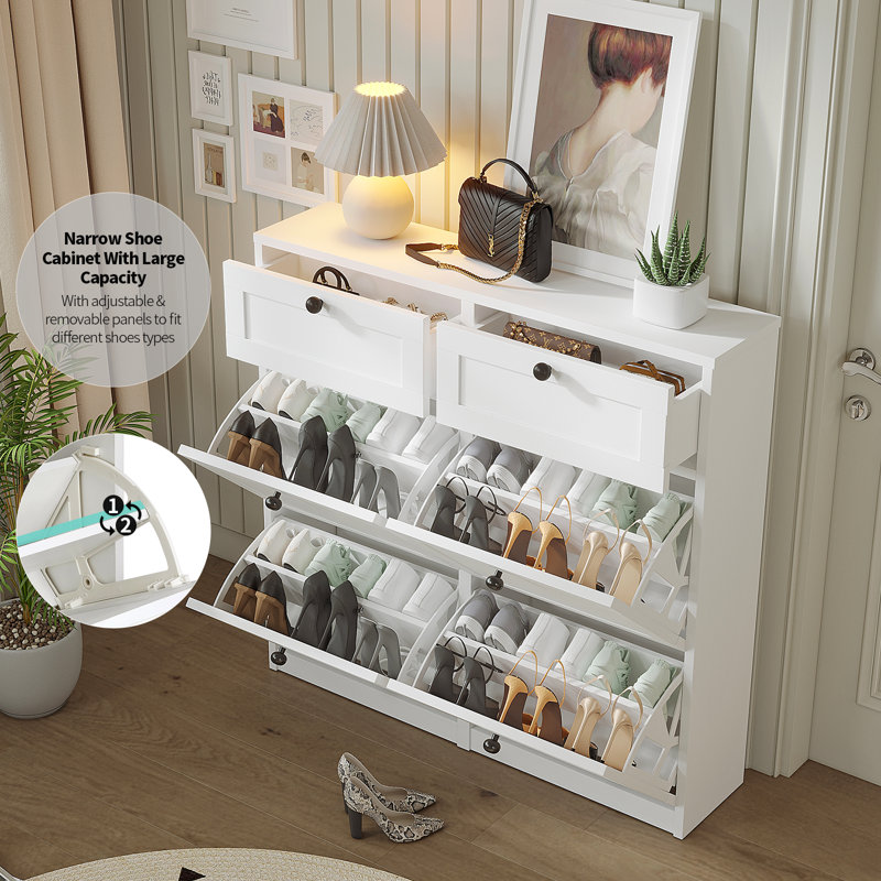 24 Pair Shoe Storage Cabinet With 2 Drawers, White