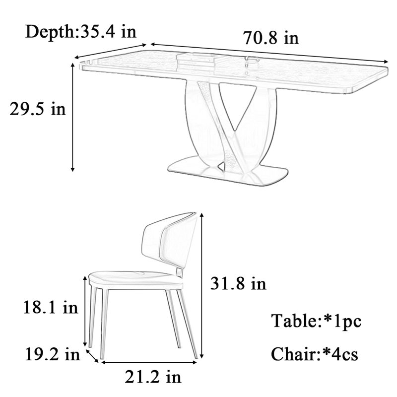 Table et chaise de luxe minimaliste et moderne, H 29,5 po x L 70,8 po x l 35,4 po, Blanc