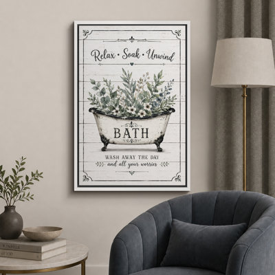 Farmhouse Relax Soak Unwind Bathtub Artwork, Bathroom Pictures, Framed Canvas Giclee Print Wall Art