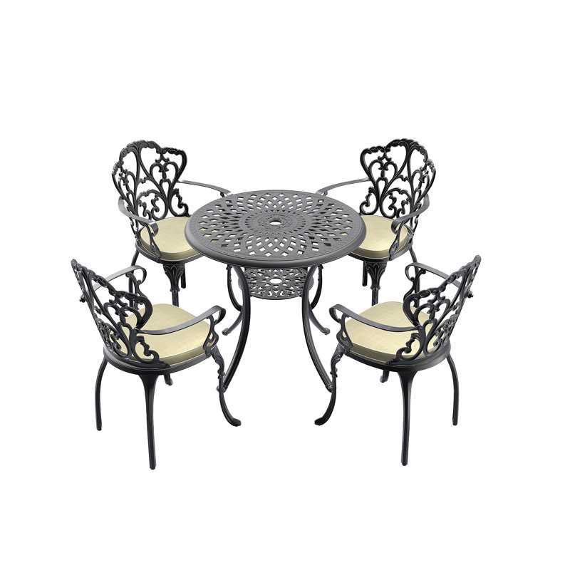 Ensemble de meubles de patio en aluminium coulé avec coussins blanc cassé , Ensemble de cinq pièces : table, quatre chaises