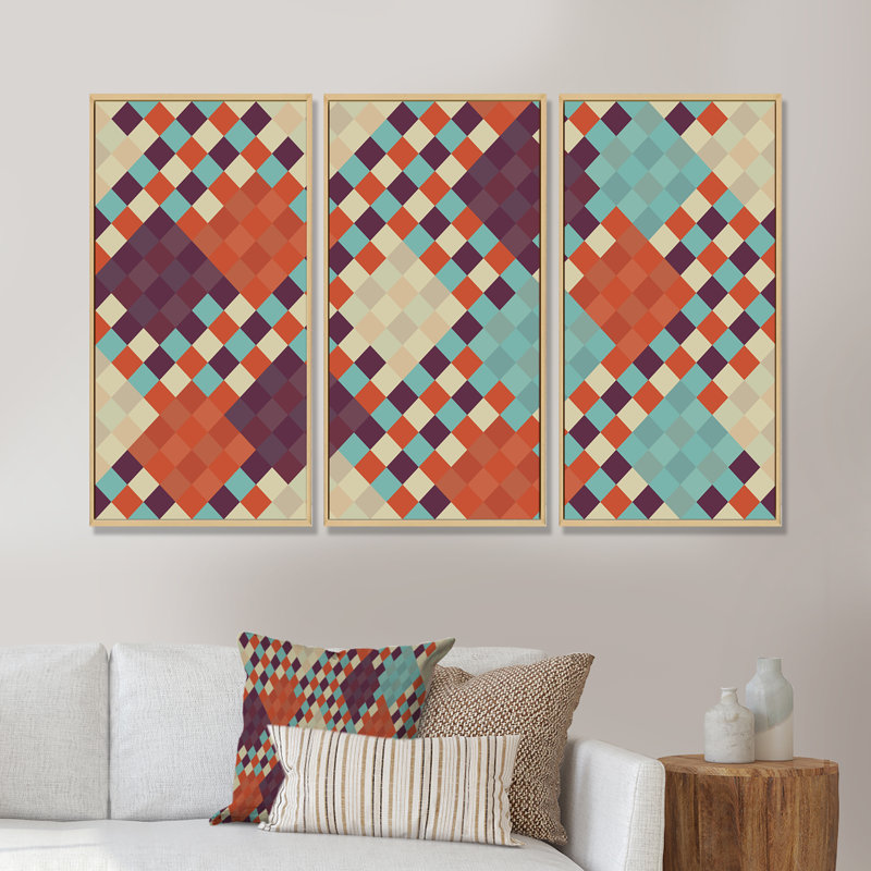 Multicolor Triangular Geometrics II - ensemble de 3 reproductions d'art encadrées sur toile, H 28 po x l 36 po x P 1 po