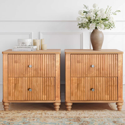 Mid-Century Modern Fluted Nightstand With 2 Drawers & Metal Handle