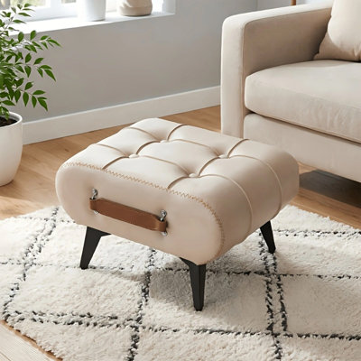 Faux Leather Storage Ottoman, Square Footstool Foot Rest with Hidden Storage, Portable Handles & Metal Legs, Modern Minimalist Accent Stool for Home Decor