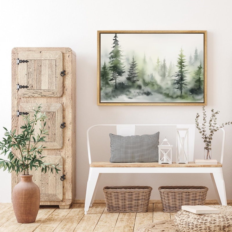 Woodland Forest Landscape " Verdant Fog Lush Pine Forest In Mist ", 24" H x 36" W, Natural Floater Frame