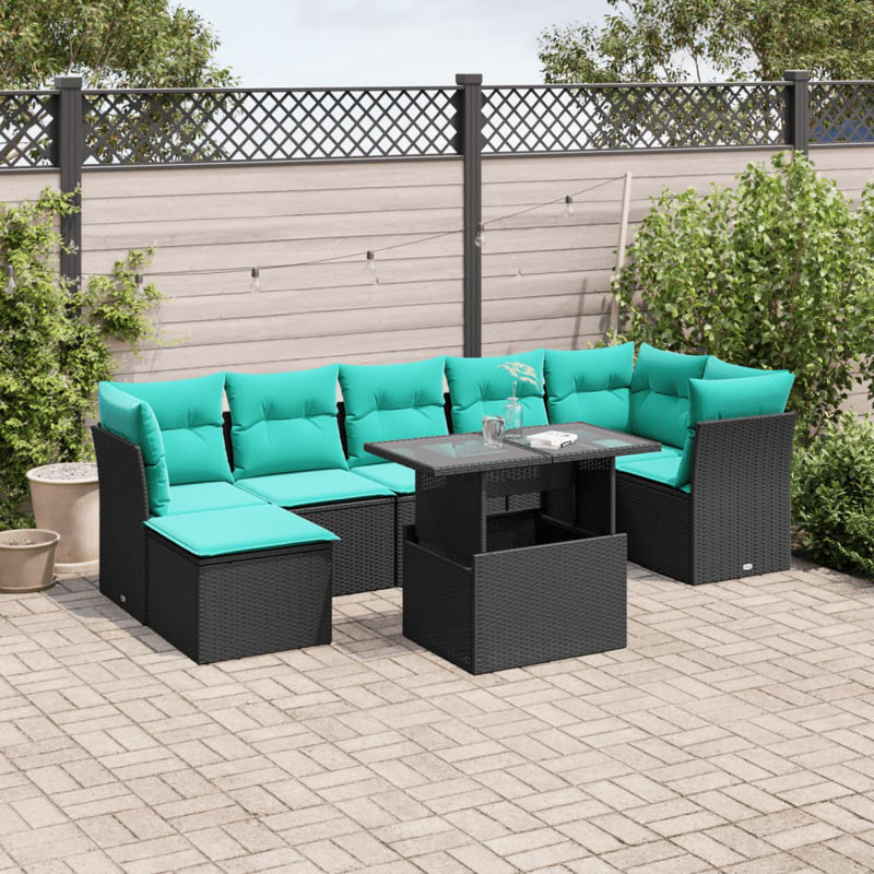  Ensemble de canapé de patio 8 pièces avec coussins en rotin de polyester noir, Bleu clair, Noir