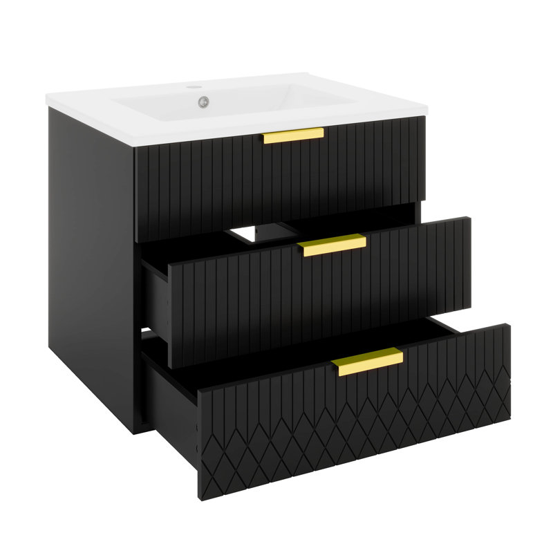 Armoire murale suspendue 24 po avec tiroir double, petit lavabo de salle de bain flottant rectangulaire, Noir