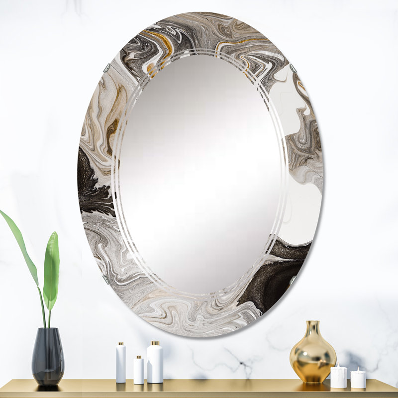 Gold Black Marble Waves Wall Mirror, Modern - Gold And Black Marble Waves V, 36" x 24"