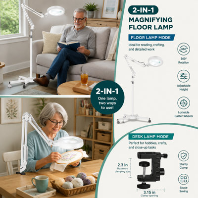 12X/30X Magnifying Floor Lamp with 4-Wheel Stable Stand, Three-Axis Rotation and Dual-Knob Dimming for Color and Brightness, 2-in-1 White Lighted Magnifier for Repair, Sewing, Crafts or Reading