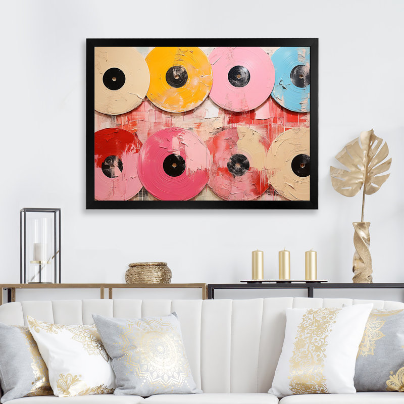 Disque vinyle rose I - Vinyle, art mural pour le salon, Cadre d'angle fermé noir, H 34 po x l 44 po x P 1,5 po