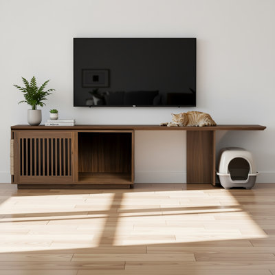 78" Extendable Cat Litter Box Enclosure TV Stand with Scratcher, Mid-Century Modern Walnut Entertainment Center