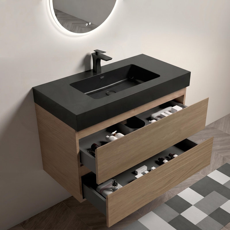 Meuble-lavabo mural 36 po avec finition noyer brun et lavabo noir, L 36 po, Noir