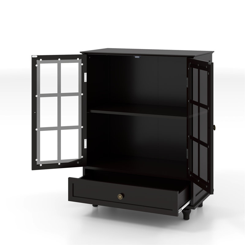 Buffet minimaliste noir avec portes doubles en verre et tiroir, armoire de rangement moderne en bois pour le salon, le couloir d'entrée de la salle à manger (noir)