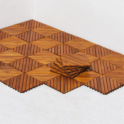 12-Diagonal Slat Acacia Interlocking Deck Tile (Set Of 10 Tiles)