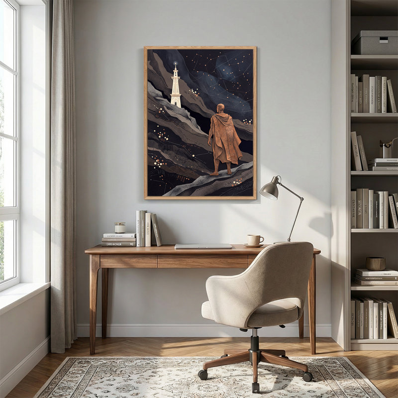 Art mural en bronze, figure et tour sous les constellations, H 36 po x l 24 po