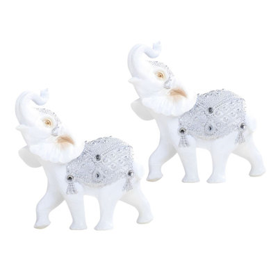 "2-PC Set" ICE ARMOR 7"W Silver and White Thai Elephant with Trunk Up Figurine Figurine Statue Ornament Home/Room Decor and Perfect Gift Ideas for House Warming, Holidays and Birthdays Great Collectible Addition
