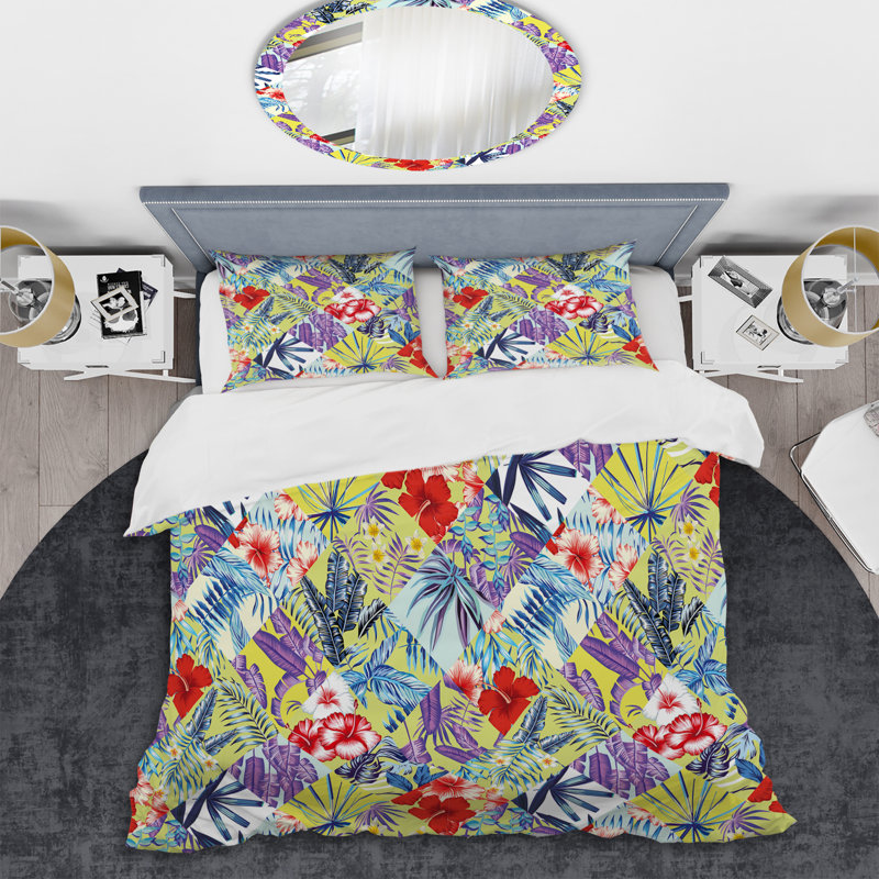 Multicolor Tropical Patchwork Polyester Floral Duvet Cover, King Duvet Cover + 2 King Shams