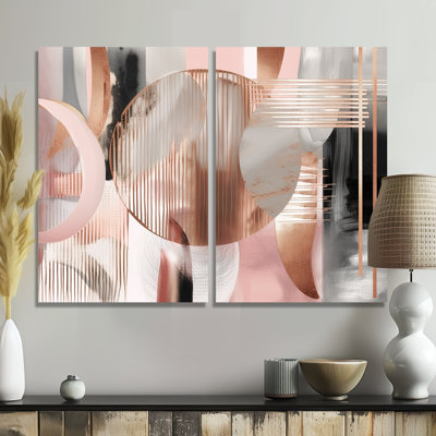 Pink Stripes And Lines Modern Art IV - Abstract Modern Shapes Transitional Large Wall Art 2 Pieces