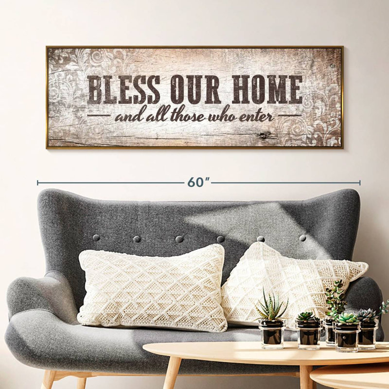 Plaque murale «Bless Our Home», Cadre flottant doré, 49 po x 17 po