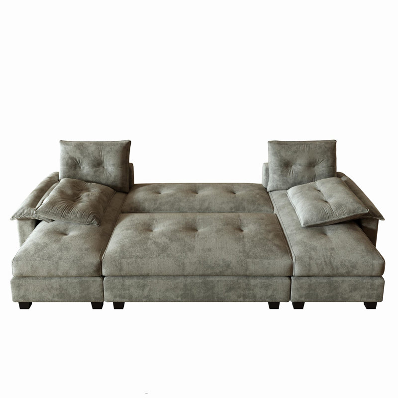 3-Piece Chenille Tufted Reversible Modular Sofa & Chaise with Removable Armrests & USB Ports, Light Gray Chenille