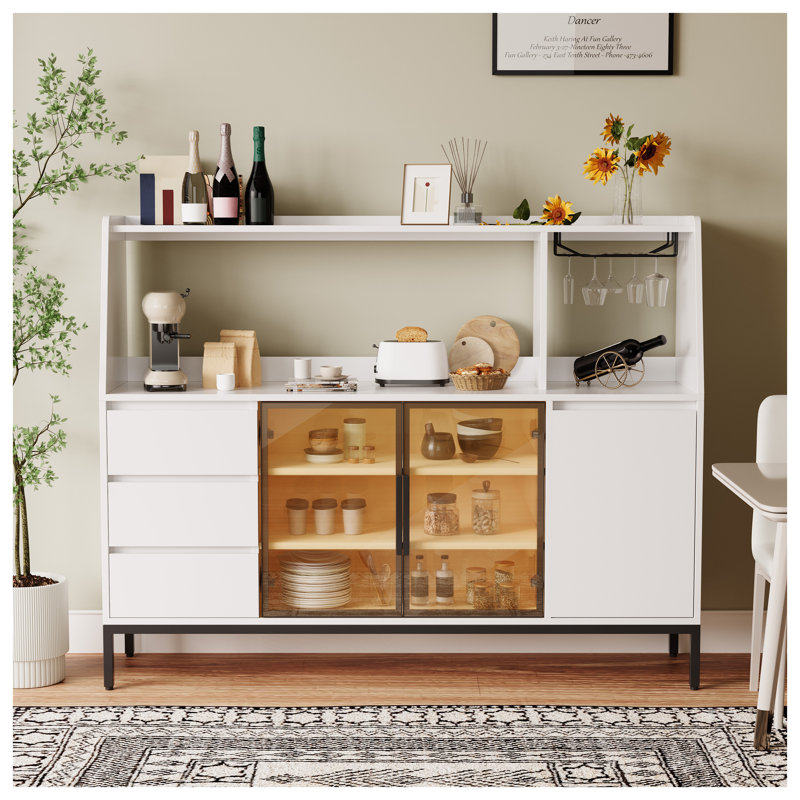 Buffet moderne blanc avec portes en verre, support à vin et 3 tiroirs - grande armoire de rangement de cuisine