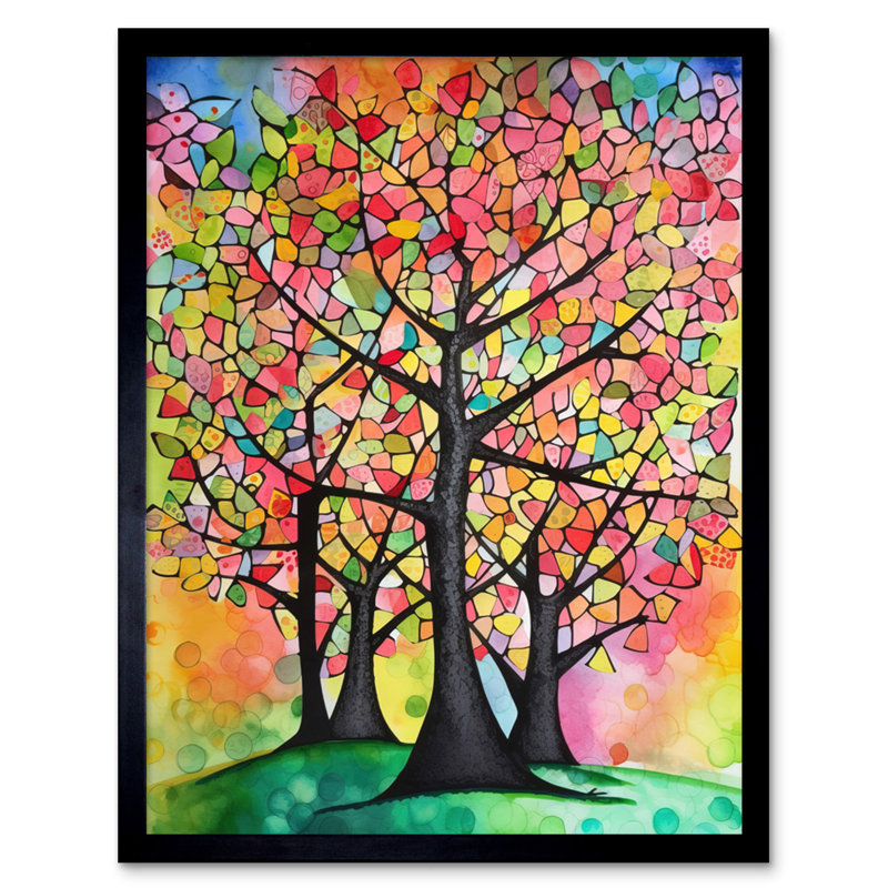 Vibrant Blossoming Trees In Spring Folk Art Watercolour Painting Artwork Framed Wall Art Print 9X7 Inch