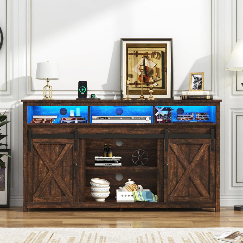 57” Wooden Farmhouse TV Stand for 60/65 inch TV,Double Layer Storage Entertainment Center TV Console Table,w Double-Row Sockets and 2 Sliding Barn Door,Media Cable Box