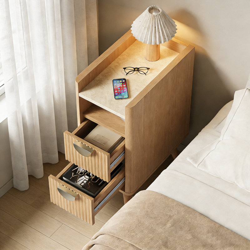 Table de chevet étroite à 2 tiroirs et tablette ouverte, Ensemble de 2, Tanné