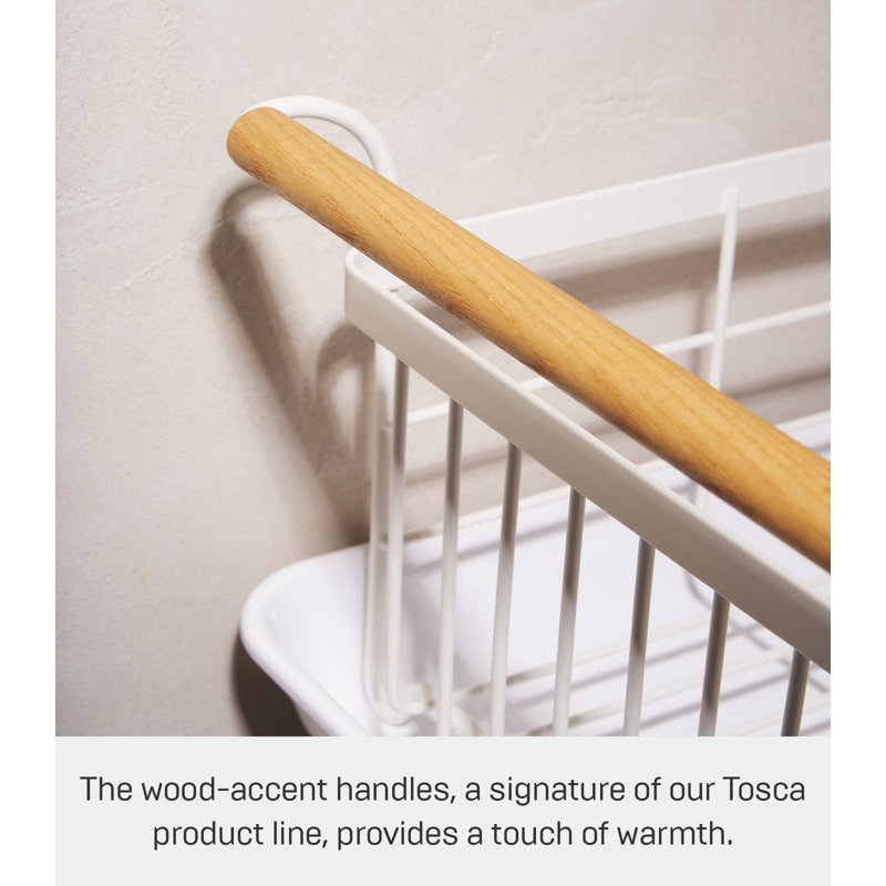 Tosca 13'' White Steel Dish Drainer Rack with Wood-Accent Handles