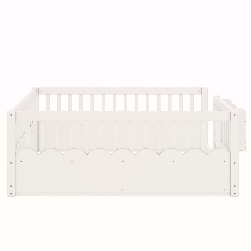 Grand lit au sol avec clôture surélevée et bibliothèque, lit en bois pour enfants, blanc., 19.7" H x 62.6" W x 83.1" D, White