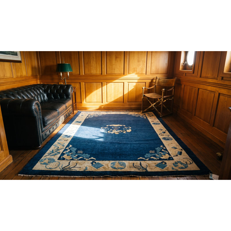 Solid Open Blue Color Field Antique Chinese Floral Medallion Pattern Peking Rug