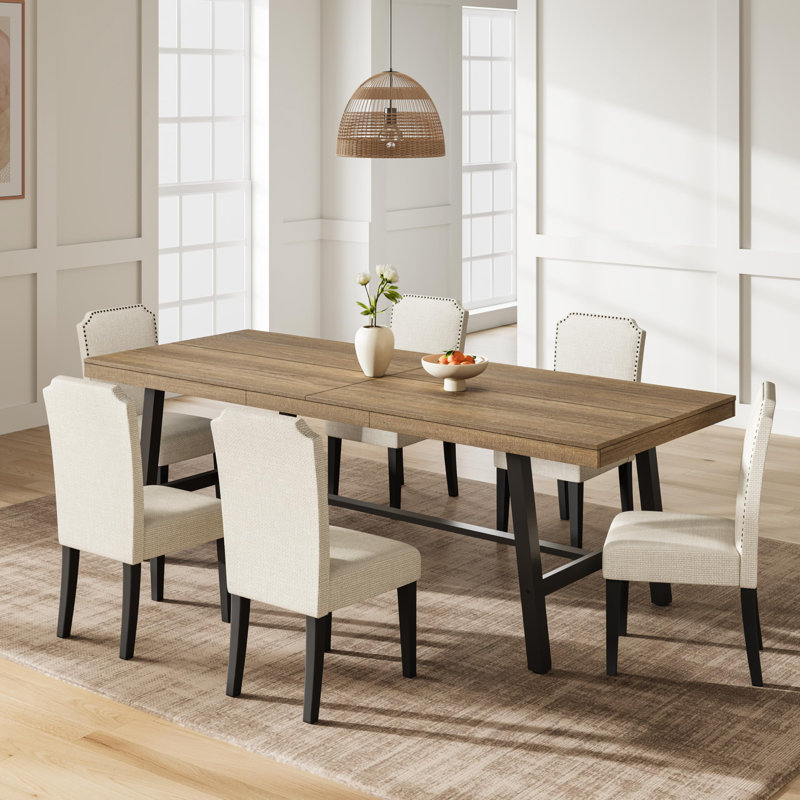 Table de salle à manger industrielle 86,6 po pour 8 à 10 personnes, plateau en bois imperméable avec structure en acier robuste, grande table de cuisine et de bureau rectangulaire, poire