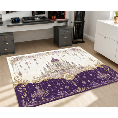 Tapis antidérapant en velours, motif floral vintage violet château, tapis décoratif, décoration intérieure élégante pour salon, chambre, appartement